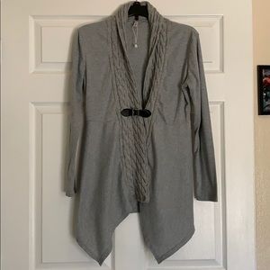 Gray cardigan sweater with buckle closure